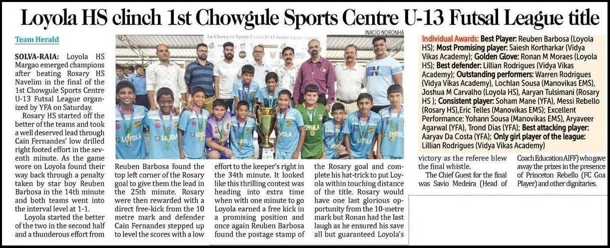 Loyola HS win Chowgule Sports Centre U-13 futsal league.
